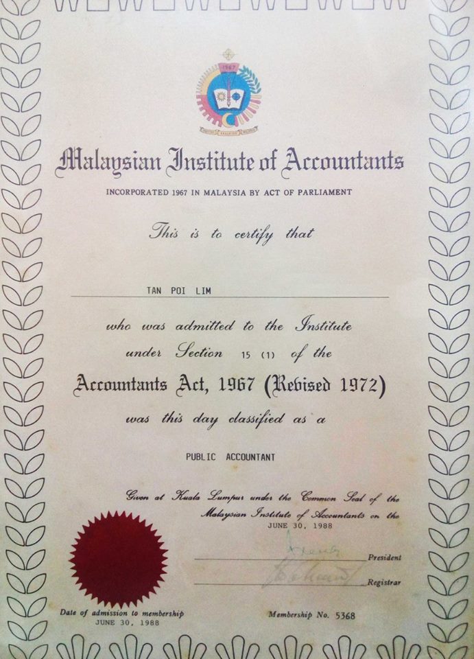 Verified certificate from Malaysia Institute of Accountants (Institut Akauntan Malaysia)